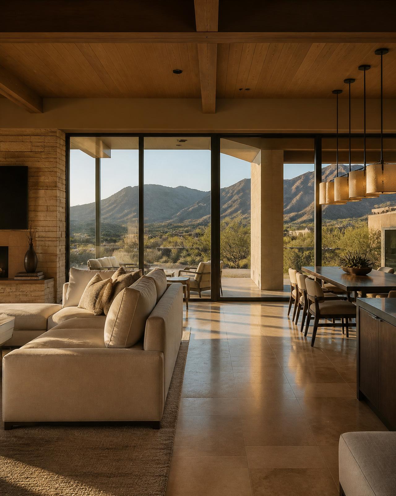 Pristine luxury Scottsdale home interior at golden hour